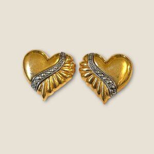 Avon Gold-Tone Heart Clip-On Earrings With Rhinestone Accent Vintage Style